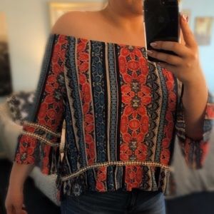 Women’s Bell Sleeve Tribal Off the Shoulder Top